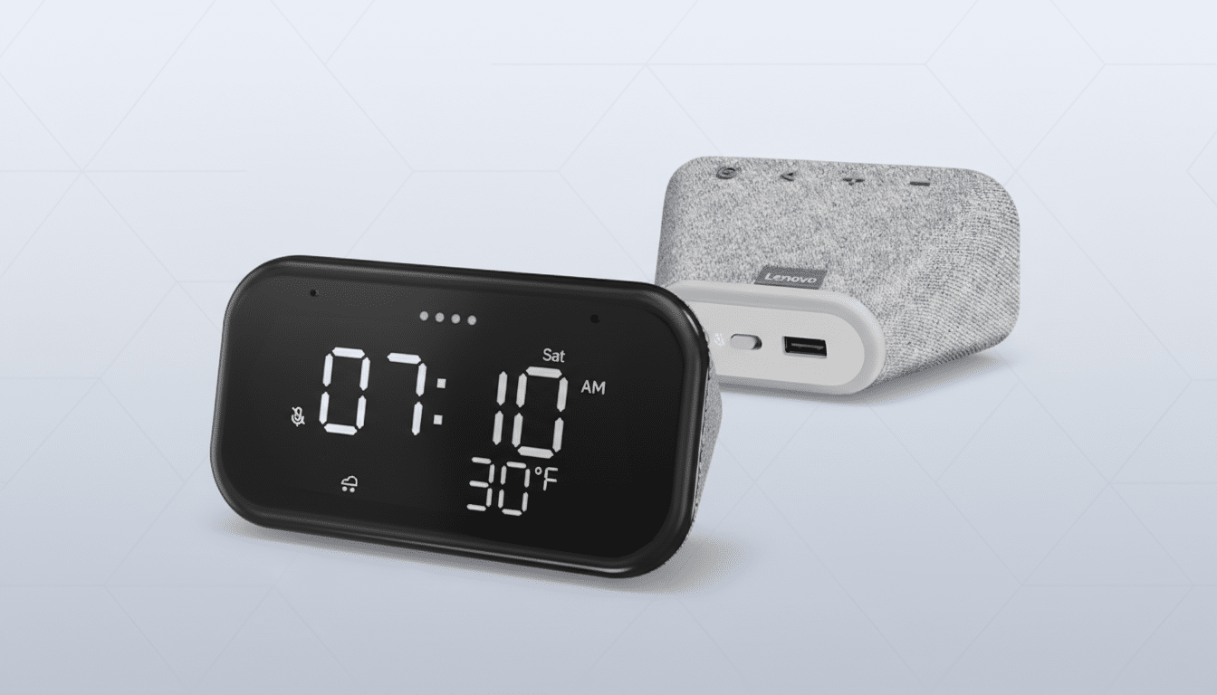 A black digital alarm clock displaying 07:10 AM and 30°F, positioned in front of a light gray fabric-covered Lenovo smart speaker with a USB port, all set against a professional light gray background with subtle geometric patterns.