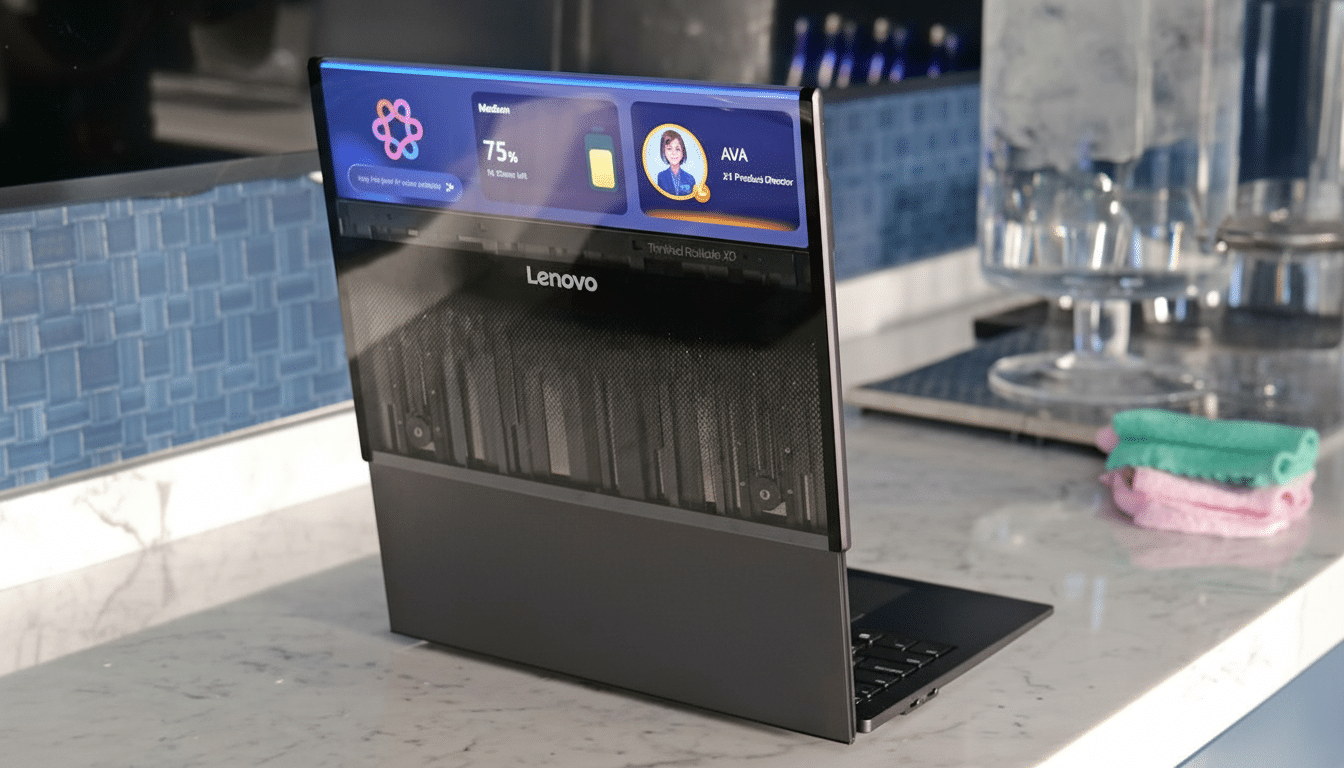 A Lenovo ThinkPad Rollable X1 laptop with an extended screen displaying a user interface, set on a marble countertop.