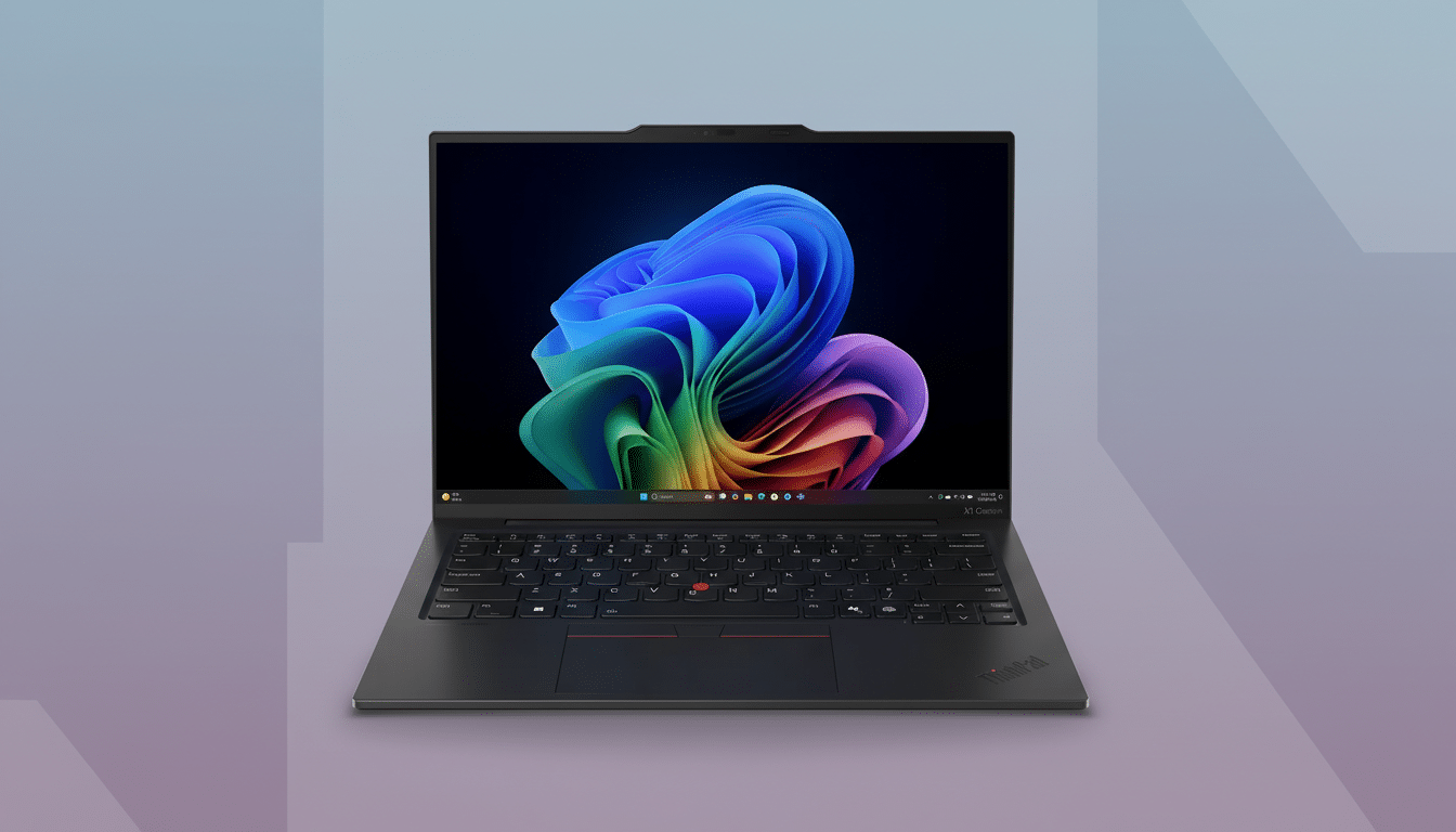 A black Lenovo ThinkPad X1 Carbon laptop with a colorful abstract wallpaper on its screen, set against a professional flat design background with soft gray and purple gradients.