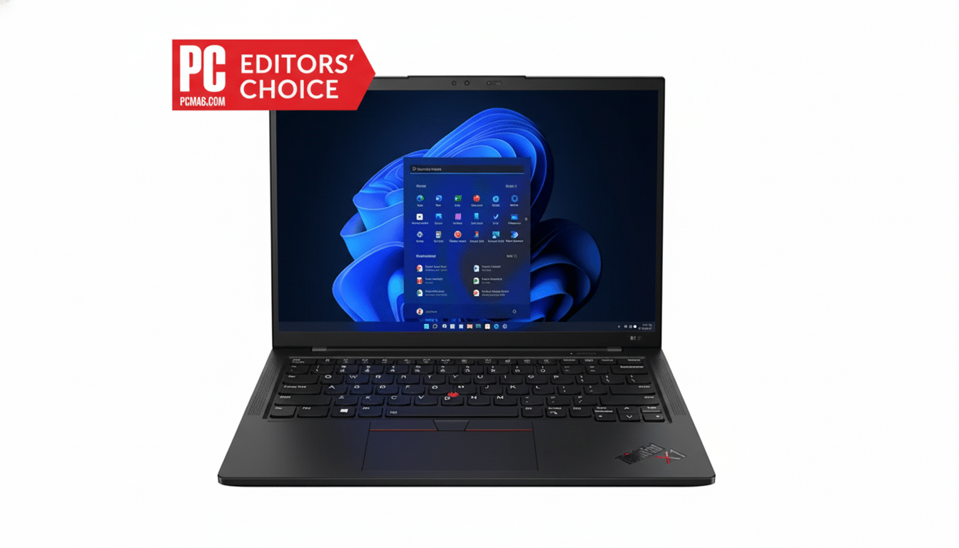 A black laptop with a PCMag Editors Choice badge in the top left corner, displayed on a white background.