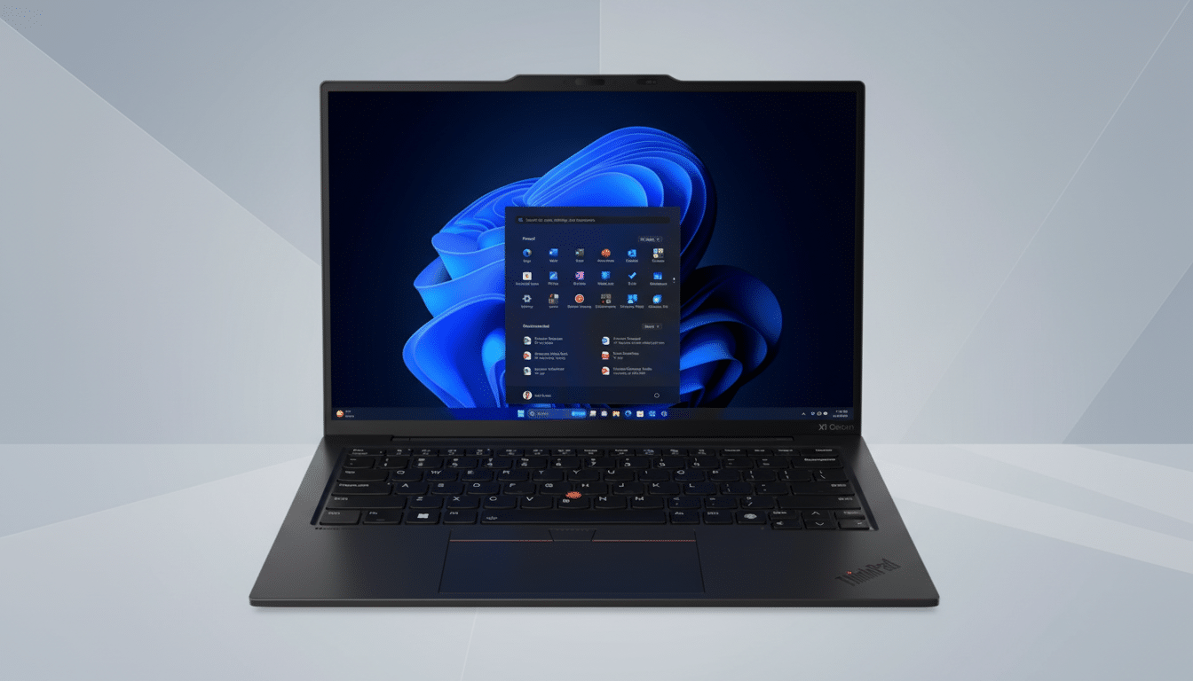 A black Lenovo ThinkPad X1 Carbon laptop with a dark blue Windows 11 desktop background and a search menu open, presented on a professional flat gray background with subtle geometric patterns.