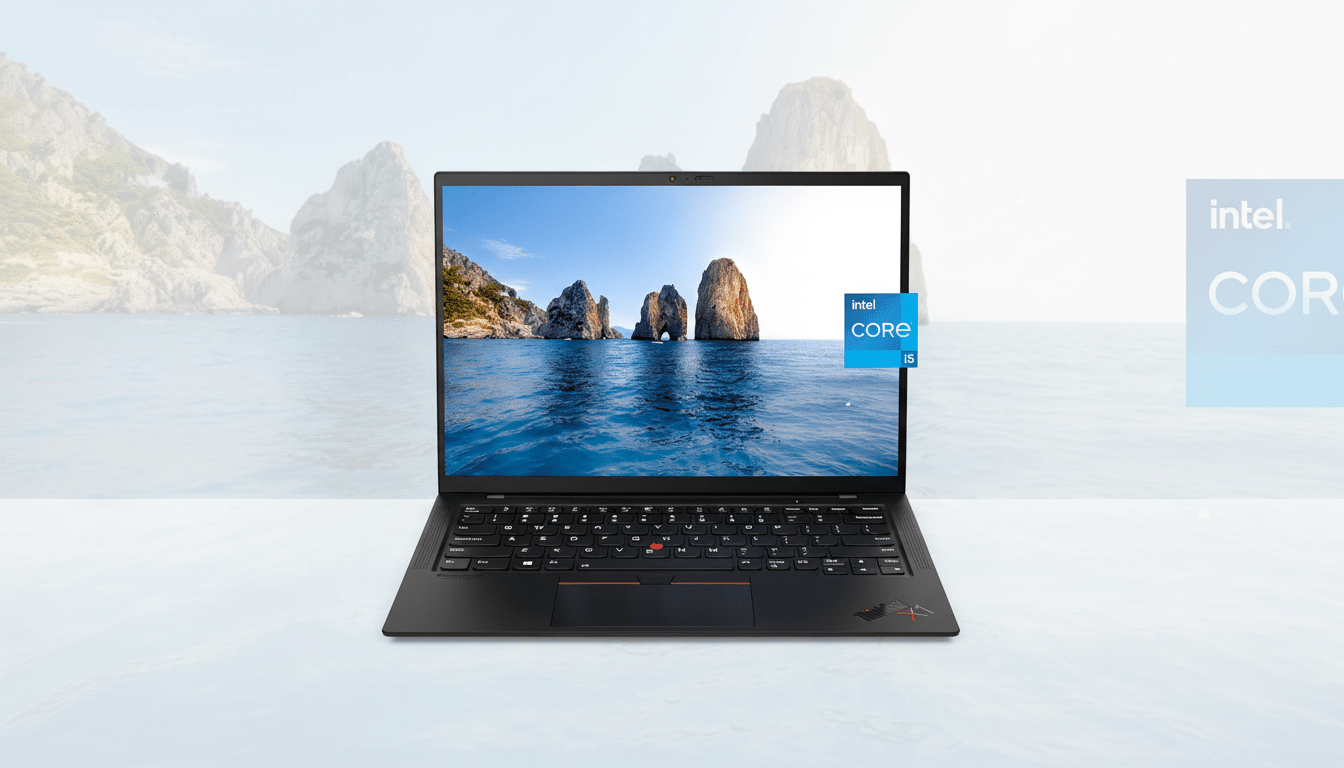 A black laptop with an Intel Core i5 sticker on the screen, displaying a scenic view of rocky islands in the ocean, set against a professional, soft gradient background.