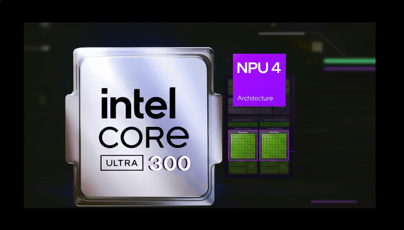A close-up of an Intel Core Ultra 300 processor with NPU 4 Architecture displayed in a purple box to the right.