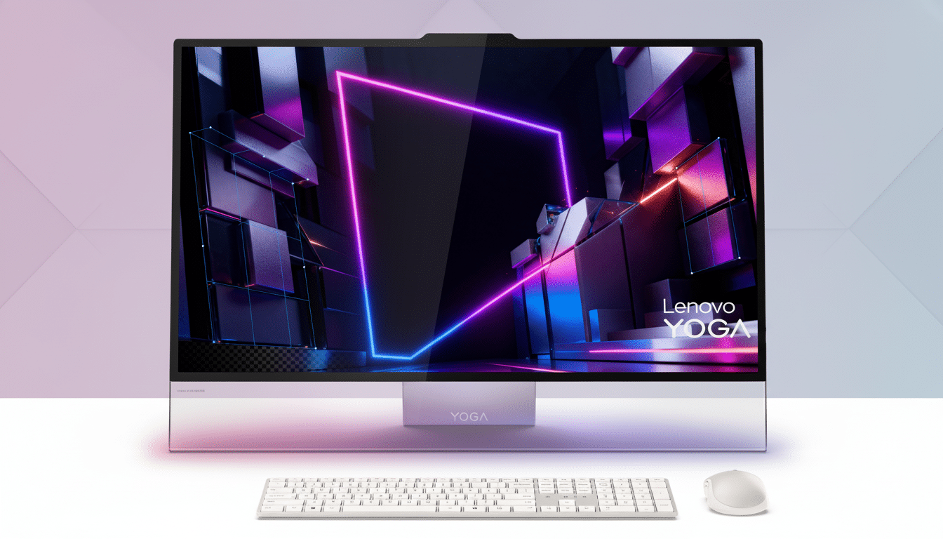 A Lenovo Yoga all-in-one desktop computer with a keyboard and mouse, set against a professional flat design background with soft gradients.