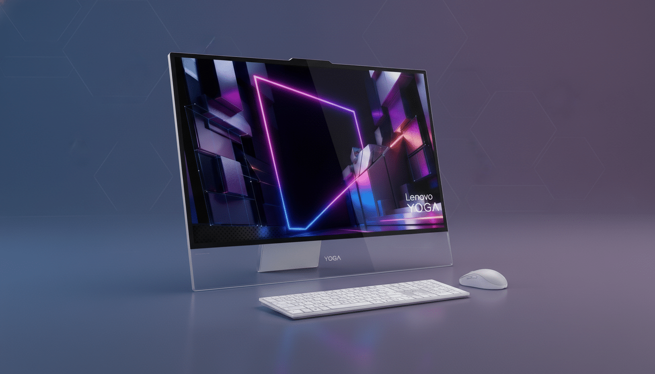A Lenovo Yoga all-in-one desktop computer with a white keyboard and mouse, set against a professional flat design background with soft blue and purple gradients.