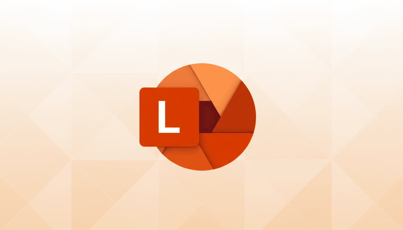 A 16:9 aspect ratio image featuring a red square with a white L overlapping an orange camera aperture icon, set against a professional flat design background with soft orange gradients and subtle geometric patterns.