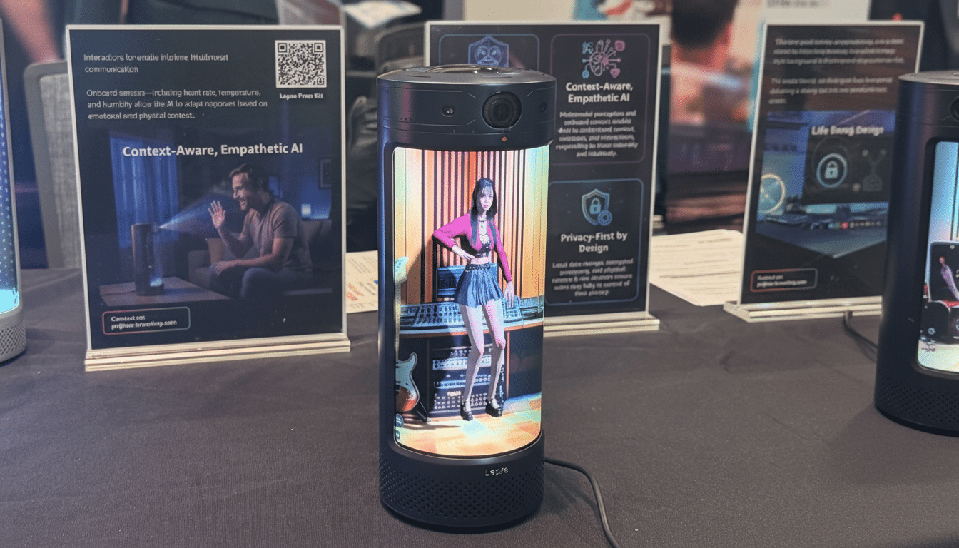 A cylindrical smart speaker with a screen displaying a woman in a pink top and blue skirt, standing on a stage with musical equipment. The speaker is on a dark table, surrounded by display boards with text about Context-Aware, Empathetic AI and Privacy-First by Design.