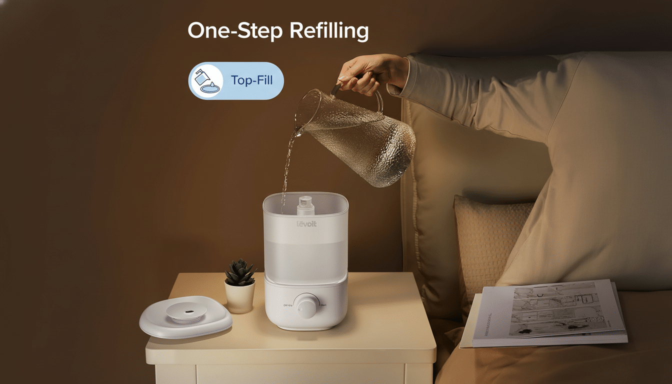 A person refilling a white Levoit humidifier with water from a glass pitcher on a bedside table.