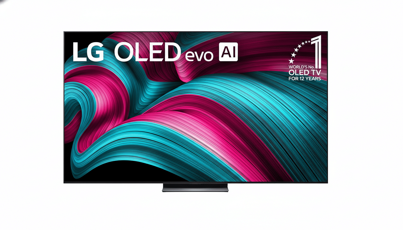 A white background with an LG OLED evo AI television in the center, displaying a vibrant abstract image of swirling pink and blue lines.