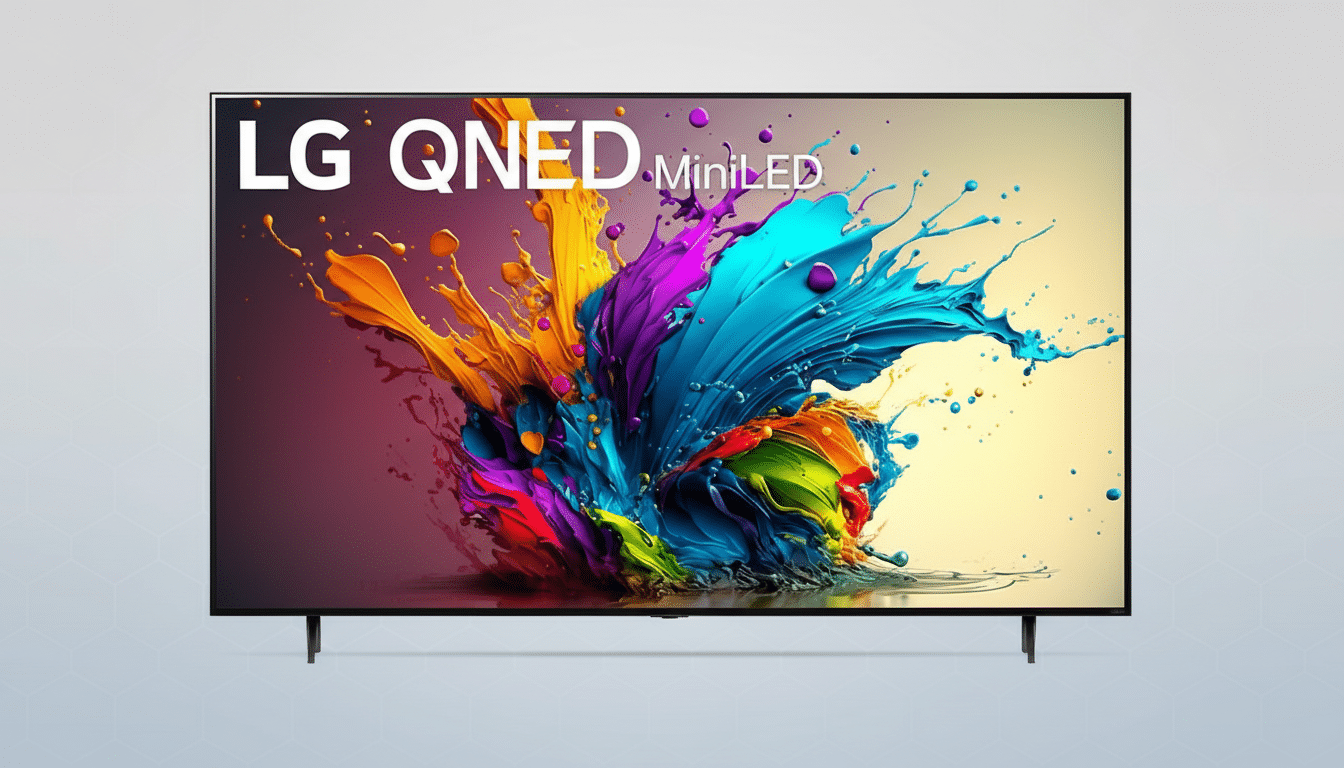 An LG QNED MiniLED television displaying a vibrant, colorful abstract image, set against a professional flat design background with soft patterns.