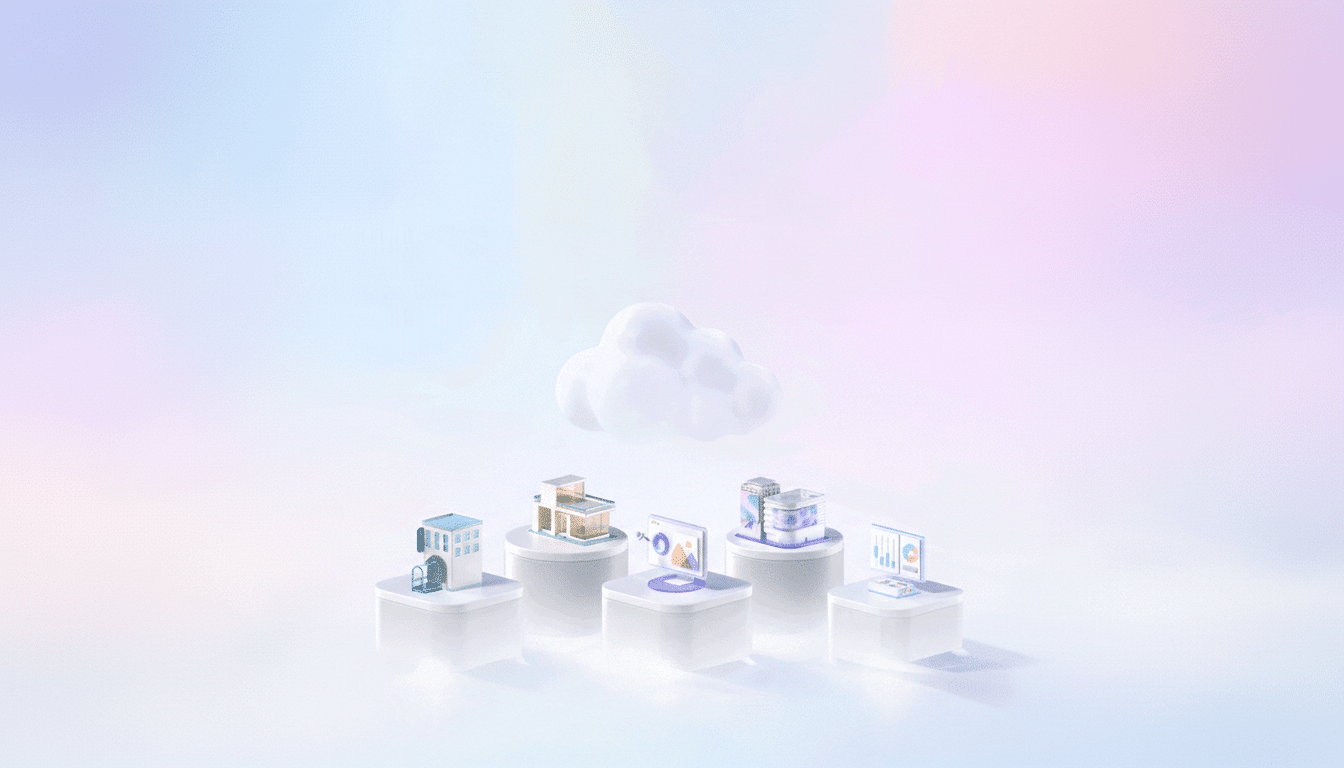 A 16:9 aspect ratio image showing a cloud computing concept with various digital services represented by miniature buildings, computers, and data stacks on white pedestals, all against a soft, gradient background.