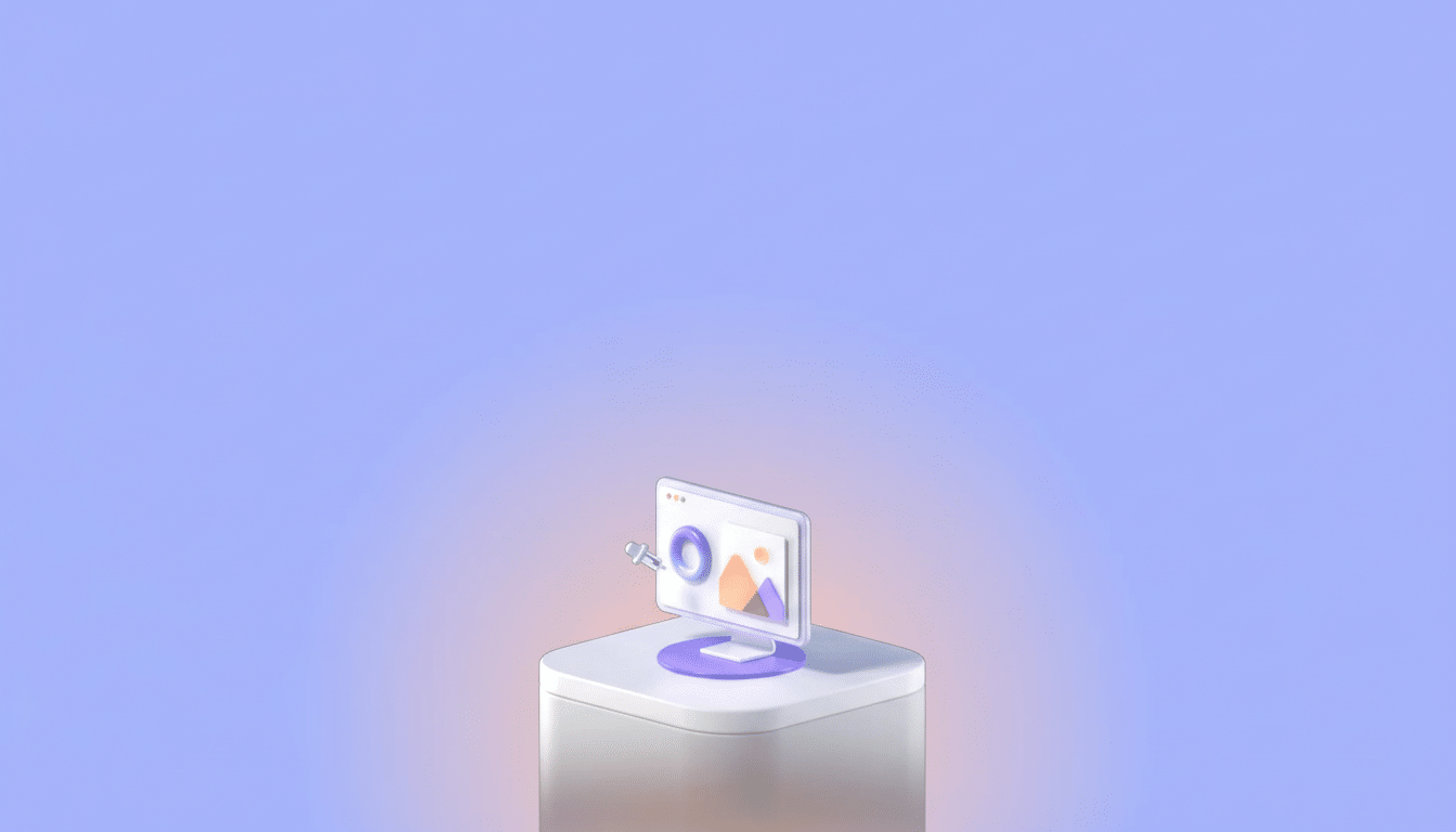 A 3D illustration of a computer monitor displaying a graphic design interface, with a magnifying glass hovering over it, all placed on a white pedestal against a soft gradient background.