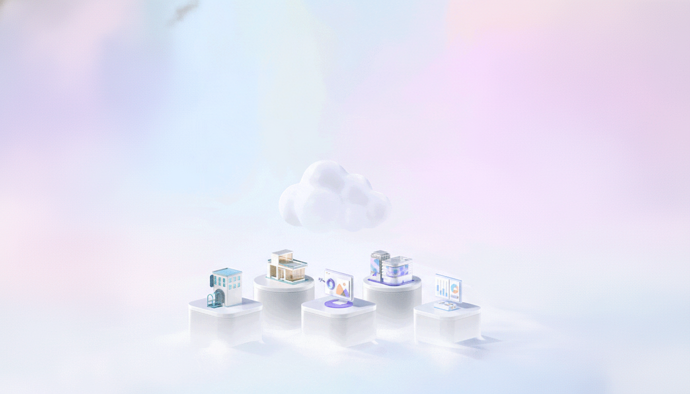 A 16:9 aspect ratio image showing a white cloud in the center, with five platforms below it. Each platform holds a different miniature object: a building, a house, a computer screen displaying a graph, two server racks, and another computer screen with a bar chart. The background is a soft gradient of light blue, pink, and purple.