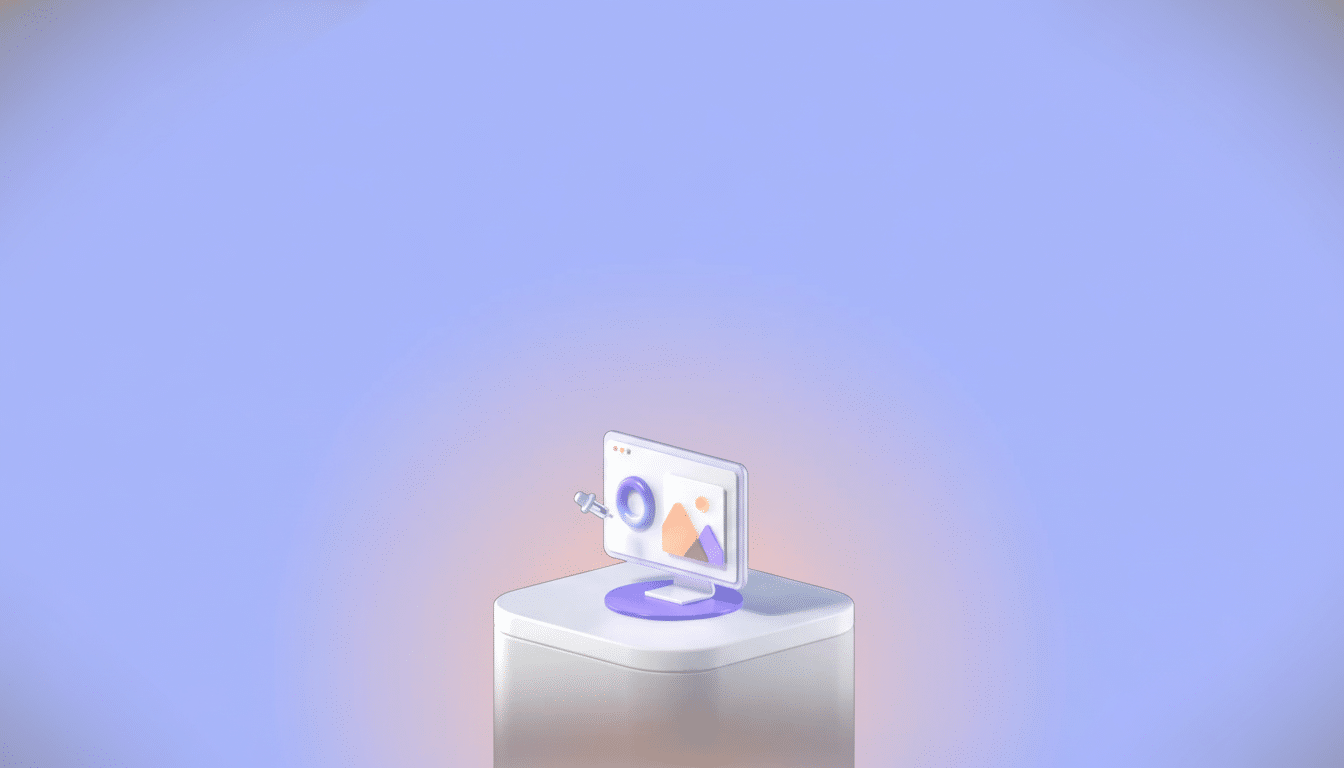 A 3D illustration of a computer monitor displaying an image and a magnifying glass, set on a white pedestal against a soft gradient background.