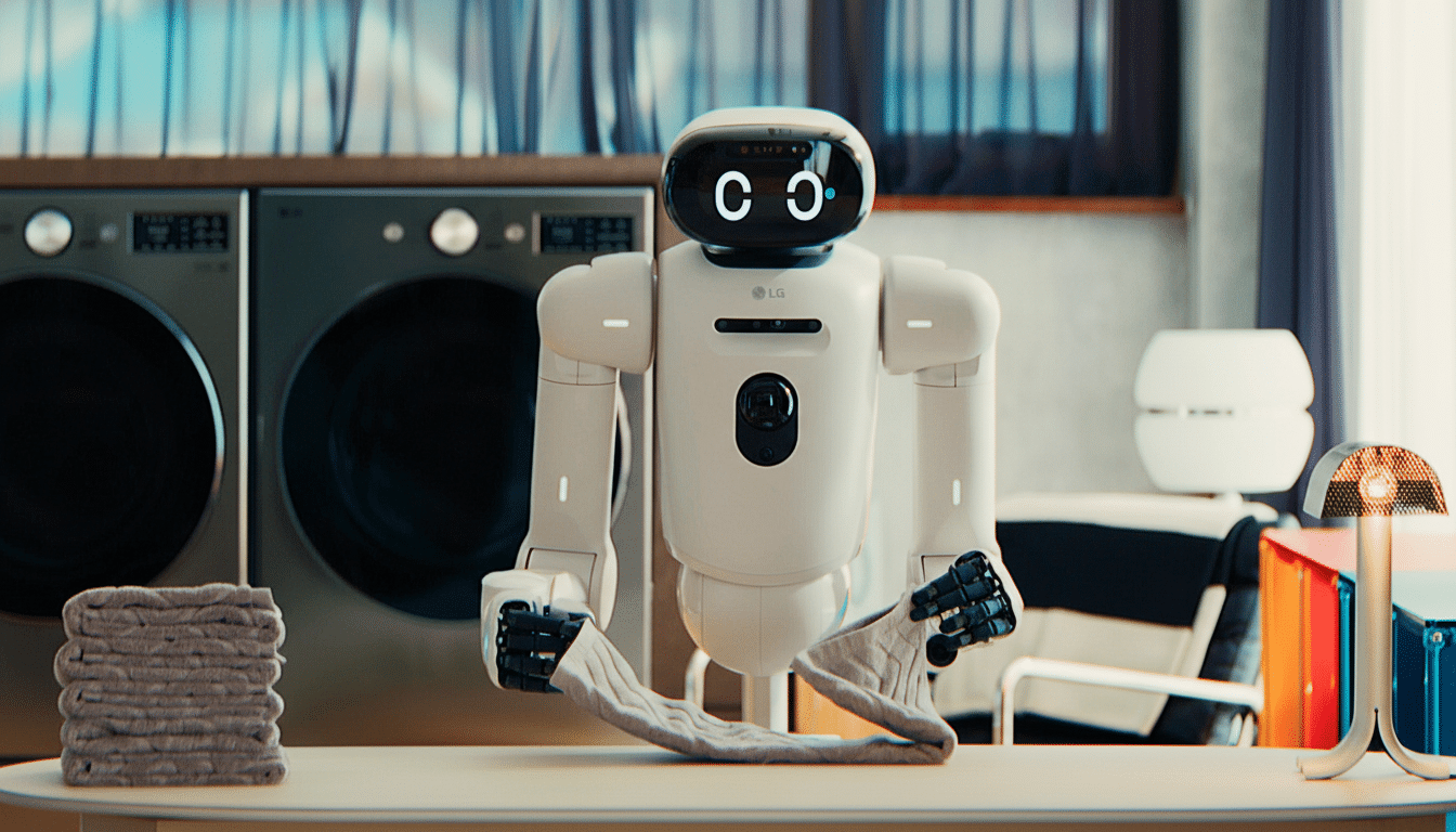 A white LG robot with a black screen face displaying two white C shapes for eyes and a small white dot for a nose, stands in a laundry room. It holds a light brown sock in its black robotic hands, with a stack of folded towels to its left. Two washing machines are visible in the background.