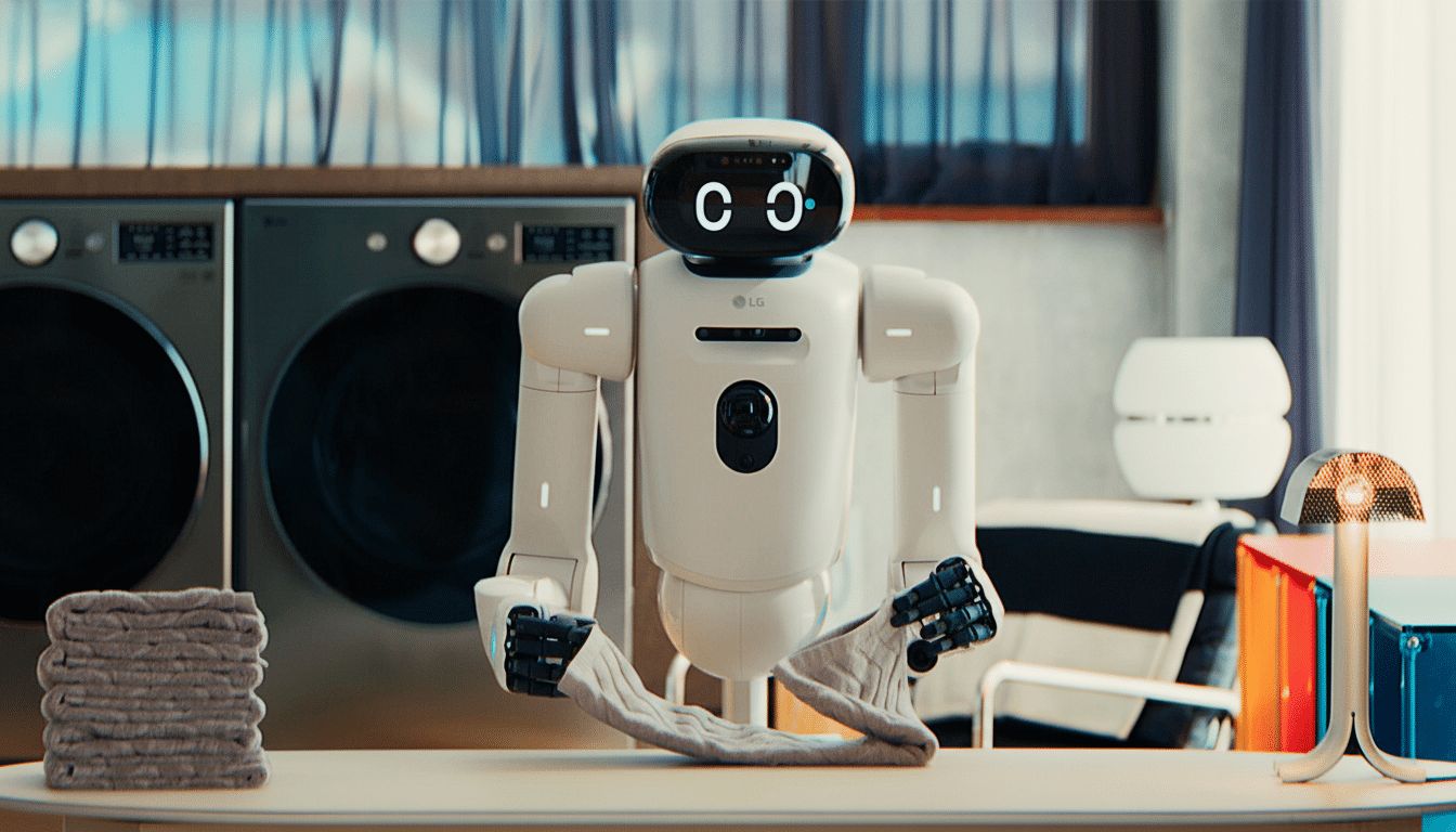 A white LG robot with a screen for a face, displaying two large white eyes, stands in a laundry room. It is holding a folded piece of clothing in its black robotic hands. To its left, a stack of neatly folded grey towels sits on a light-colored table. In the background, two dark-colored washing machines are visible.