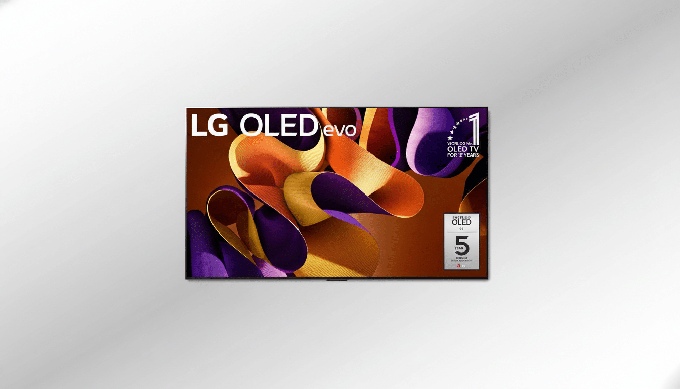A professional image of an LG OLED evo TV, resized to a 16:9 aspect ratio, set against a clean, light gray background with a subtle gradient. The TV displays a vibrant abstract image with swirling orange and purple shapes. The LG OLED evo logo is visible in the top left corner, and a Worlds No. 1 OLED TV for 12 Years badge is in the top right. A Premium OLED G4 5 Year Limited Panel Warranty badge is in the bottom right.