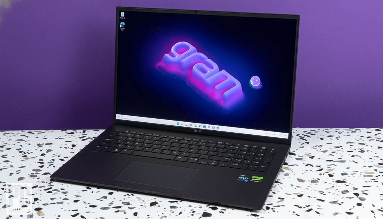 A black LG Gram laptop with a vibrant purple and blue gram wallpaper on the screen, set against a purple background and a speckled white surface.
