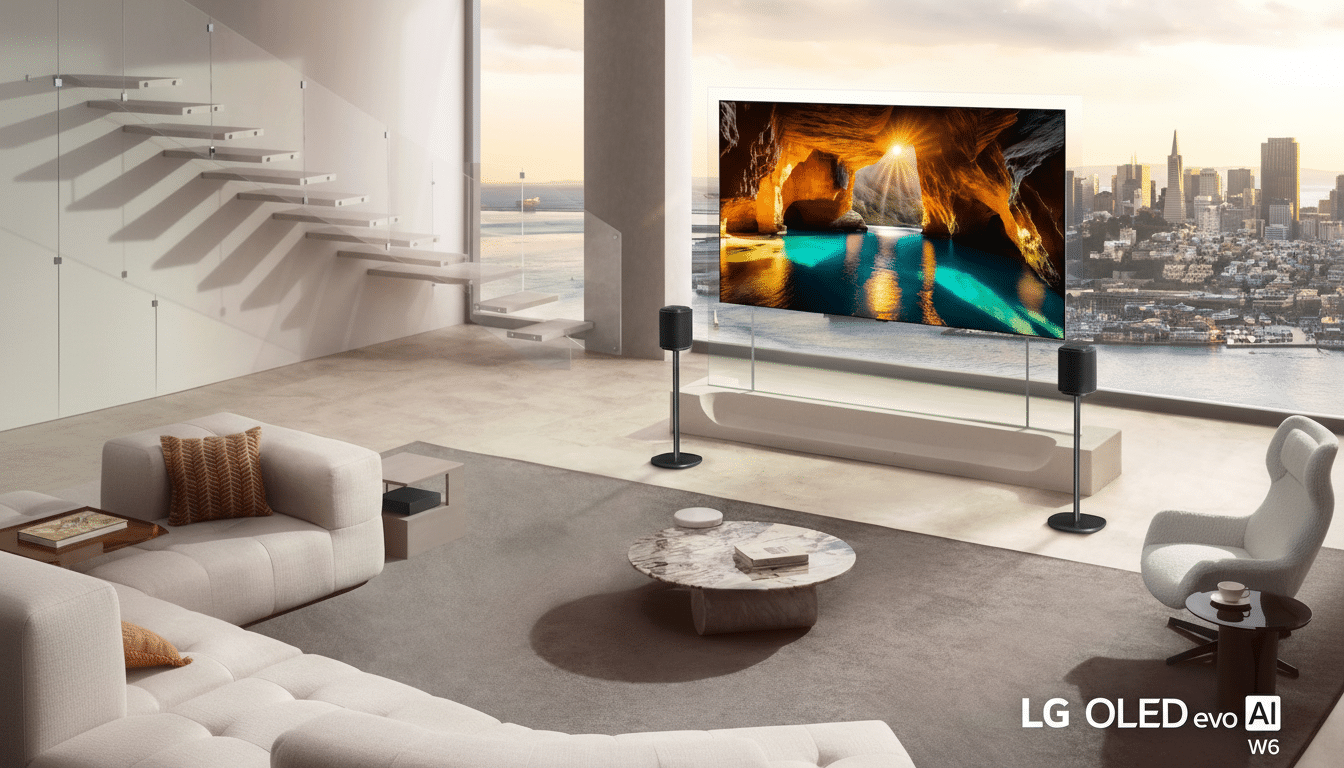 LG Wireless OLED W6 Wallpaper TV mounted flush on wall, showcasing ultra-thin design