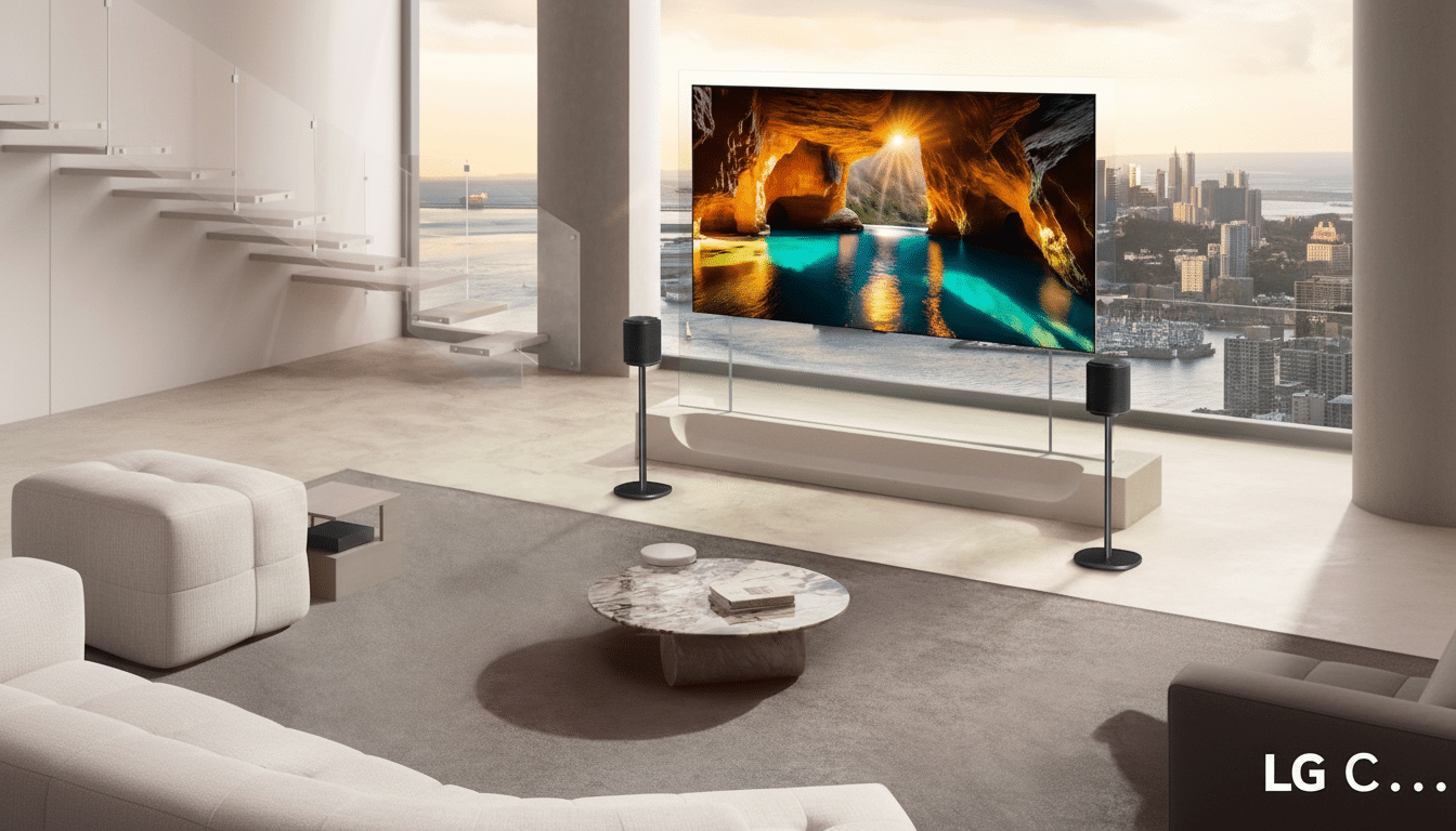 A modern living room with a large LG television displaying a vibrant image of a cave with turquoise water and sunlight streaming in. The room features minimalist furniture, including a light-colored sofa, a marble coffee table, and two standing speakers. A city skyline is visible through the large windows in the background.