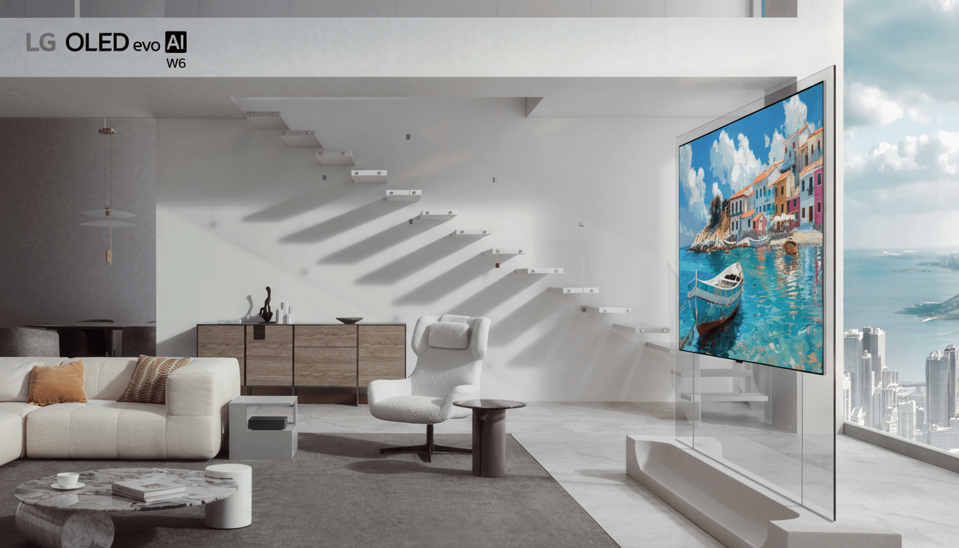 A modern living room with a large LG OLED evo AI W6 television displaying a vibrant painting of a coastal town with colorful houses and a boat. The room features white walls, a light-colored sofa, a white armchair, and a floating staircase. A large window offers a view of a city skyline and water.