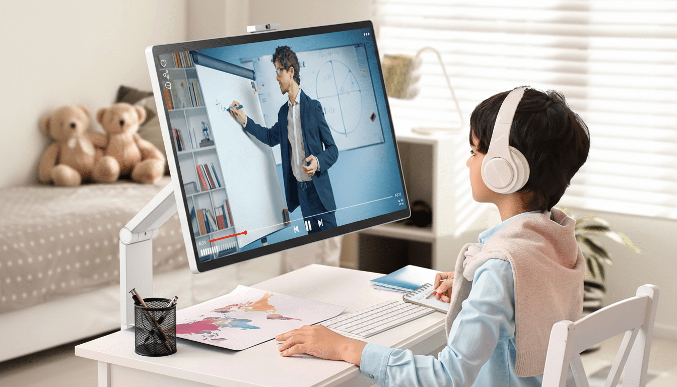 A young boy with headphones on, sitting at a desk and watching an online lesson on a large monitor.