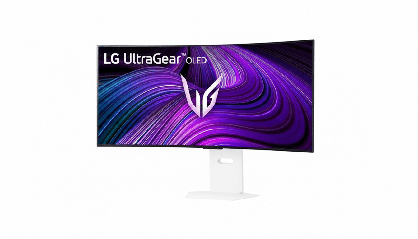 A white LG UltraGear OLED curved gaming monitor with a purple and blue abstract design on the screen, presented on a clean white background.
