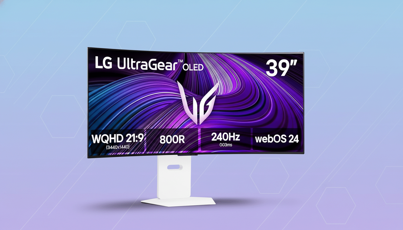A white LG UltraGear OLED 39-inch curved monitor with a purple abstract background on the screen, set against a professional flat design background with soft purple and blue patterns.