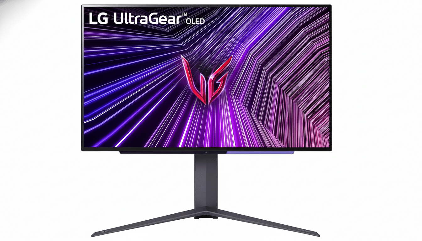 A professional, enhanced image of an LG UltraGear OLED monitor, resized to a 16:9 aspect ratio, with a clean white background.