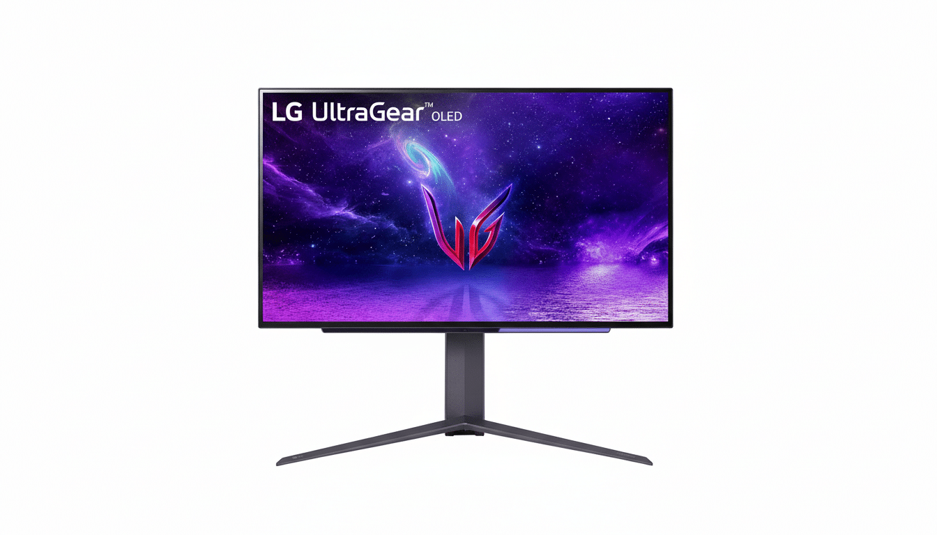 A professional, enhanced image of an LG UltraGear OLED monitor with a 16:9 aspect ratio, featuring a vibrant purple and blue cosmic scene on its screen, set against a clean white background.