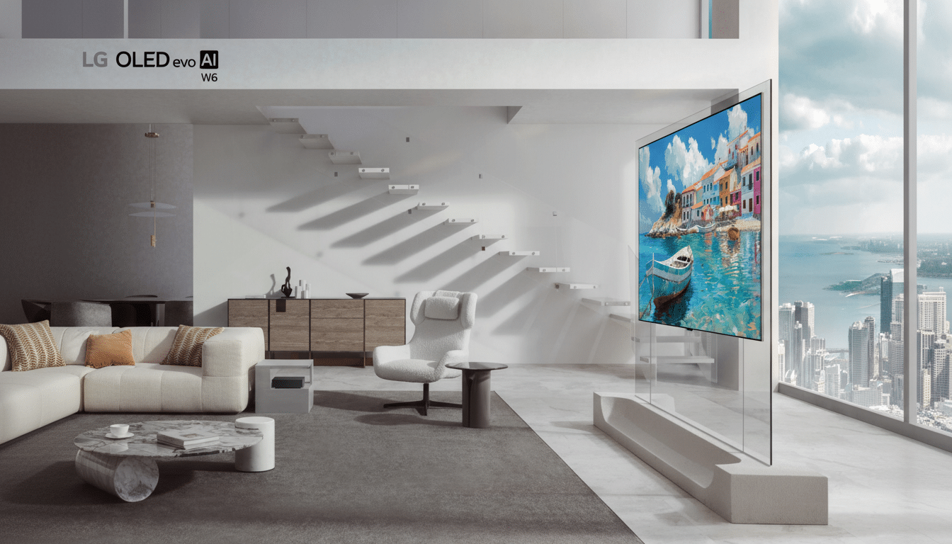 A modern living room with an LG OLED evo AI W6 television displaying a vibrant painting of a coastal town, set against a backdrop of a city skyline and ocean.