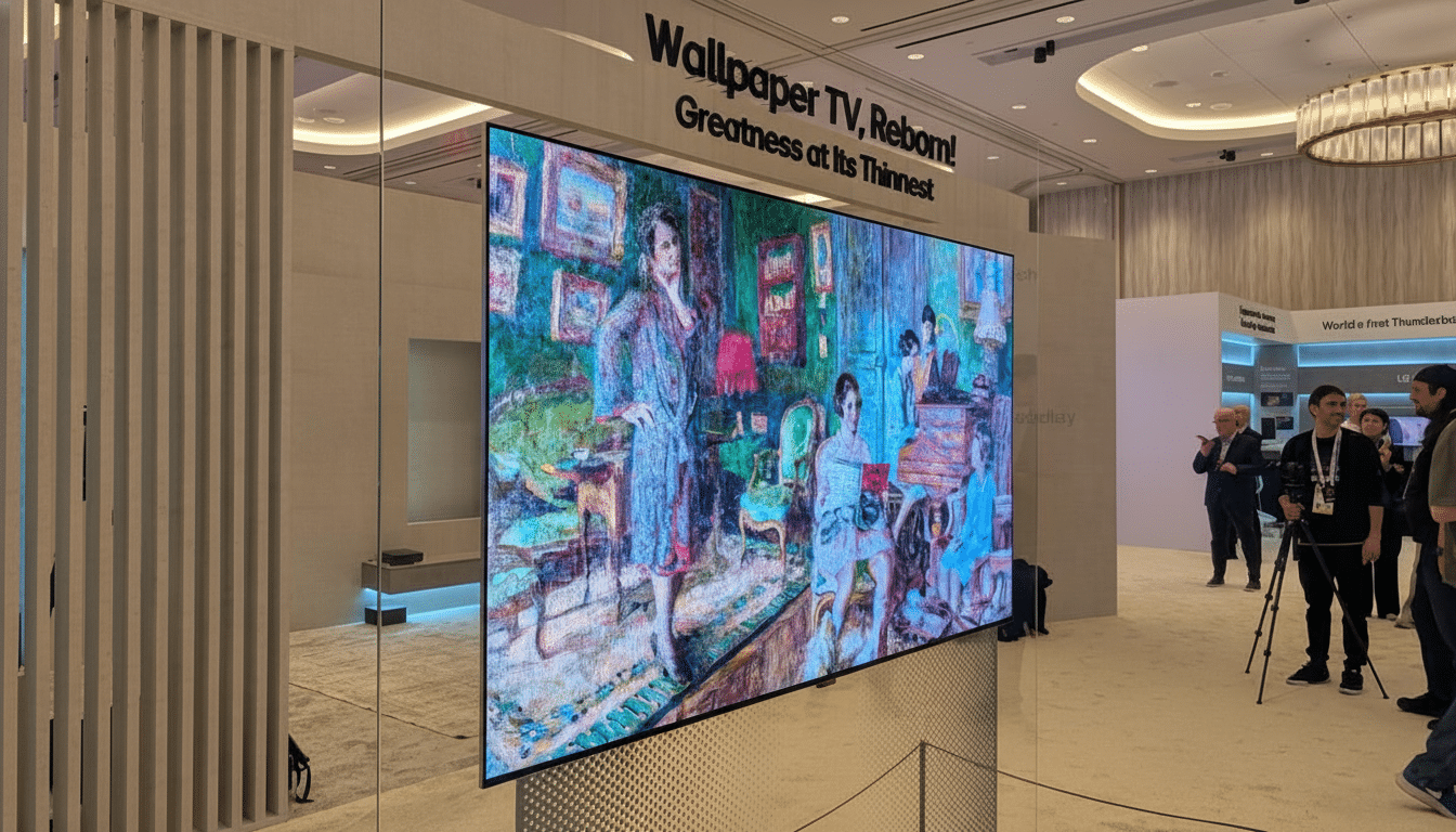 A large, thin television displaying a colorful painting, with the text Wallpaper TV, Reborn! Greatness at its Thinnest above it. Several people are visible in the background, observing the display.