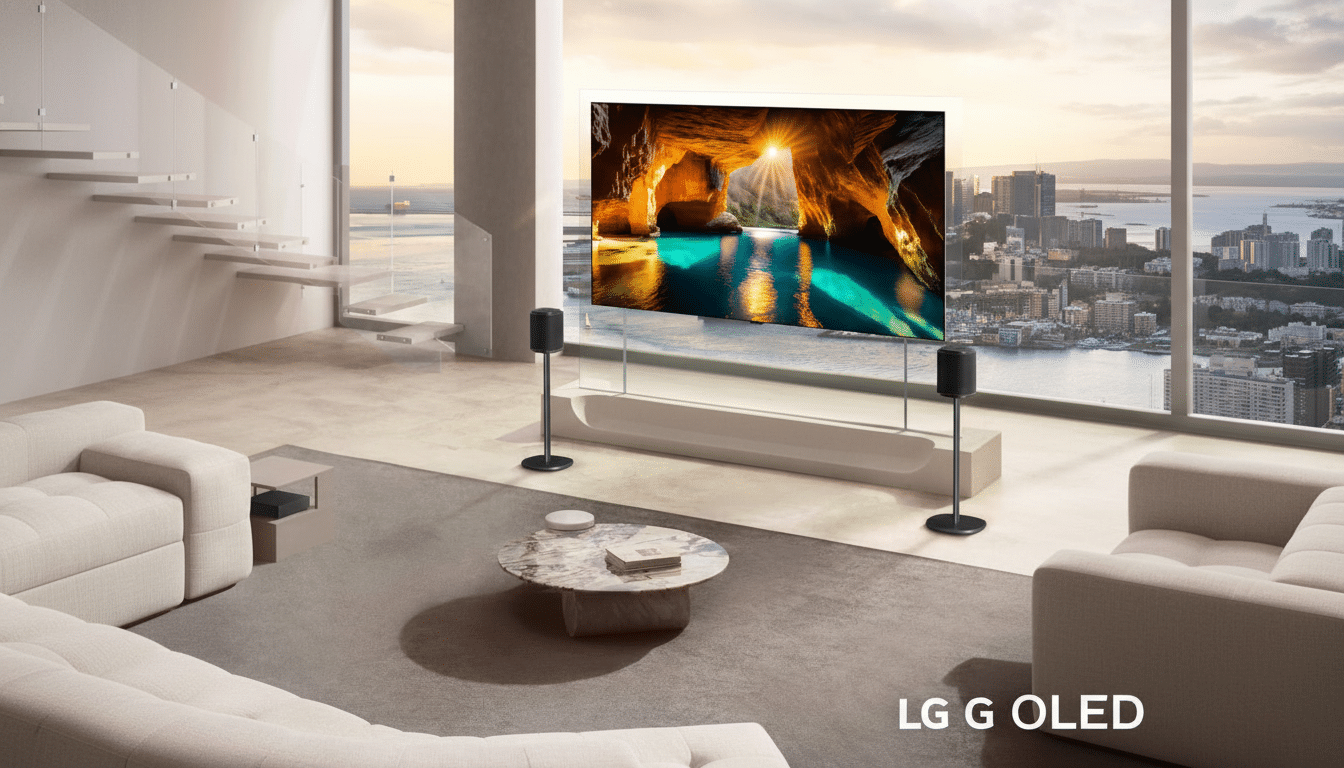 A modern living room with a large LG G OLED television displaying a vibrant image of a sea cave with sunlight streaming in. The room features light-colored furniture, a marble coffee table, and two standing speakers. Large windows overlook a city and water at sunset.