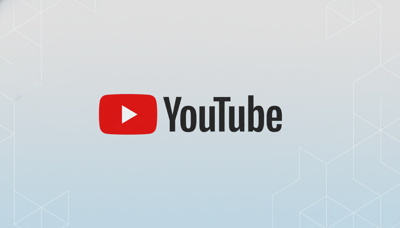 The YouTube logo, featuring a red play button icon next to the word YouTube in black text, centered on a light gray background with subtle geometric patterns.