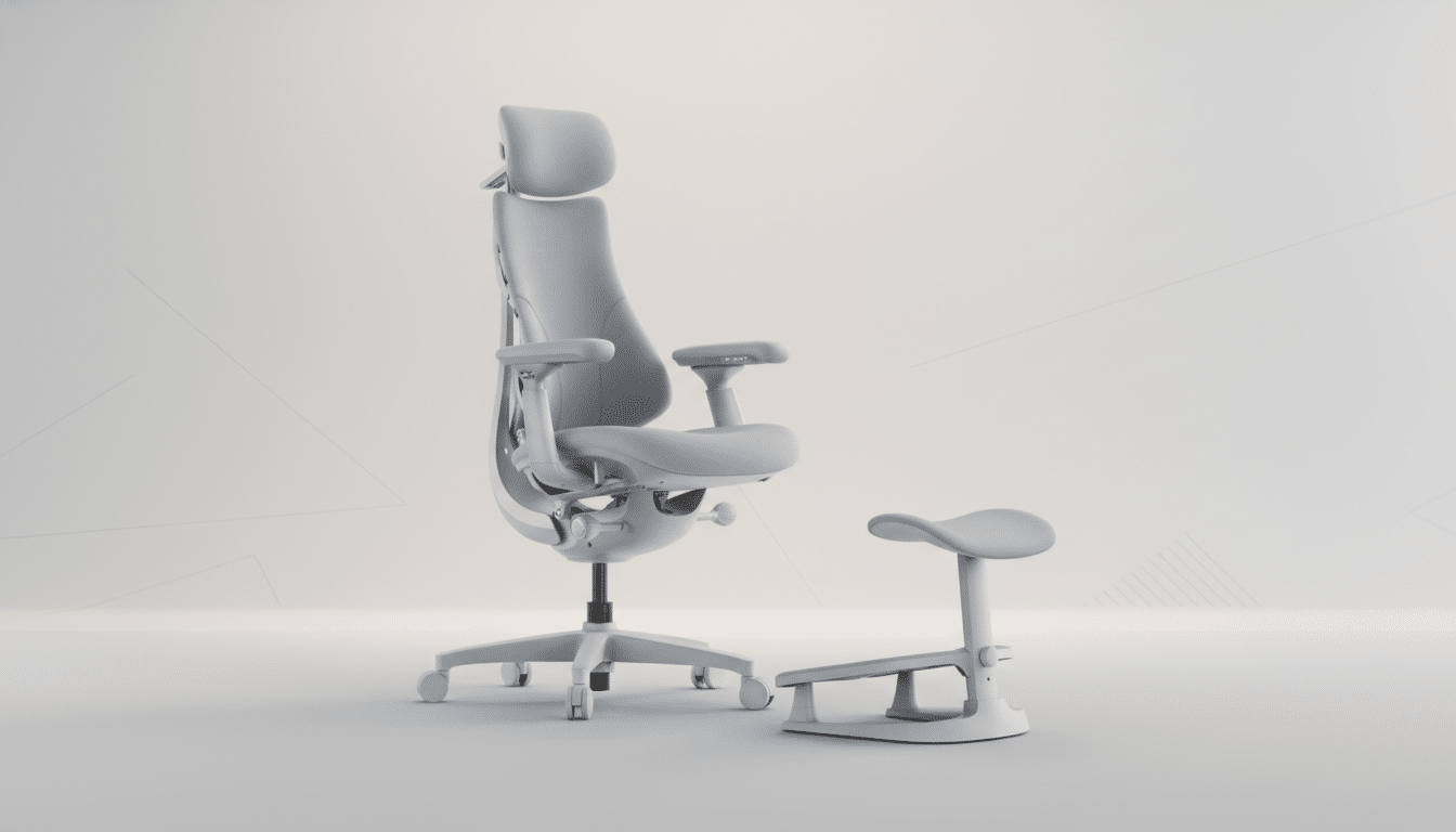A light gray ergonomic office chair with a matching footrest, presented on a professional light background with subtle geometric patterns.