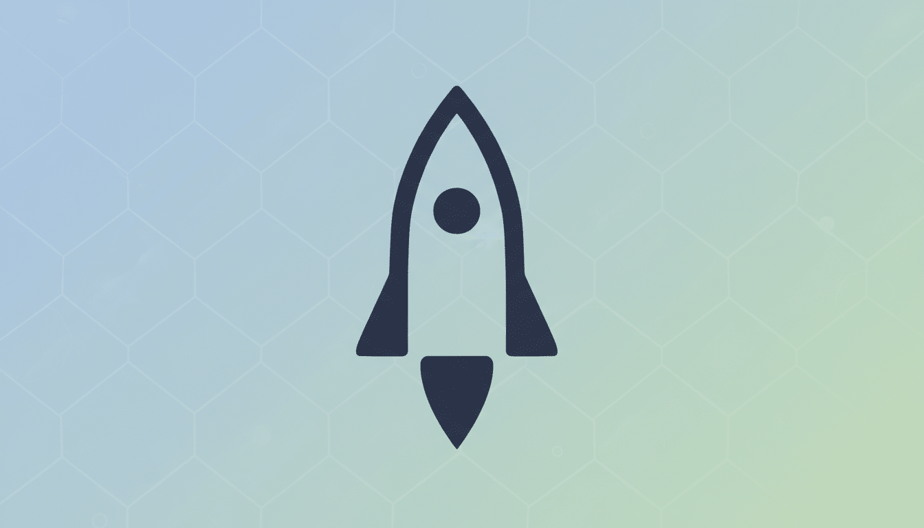 A dark blue rocket icon centered on a professional flat design background with soft blue and green gradients and subtle hexagonal patterns.