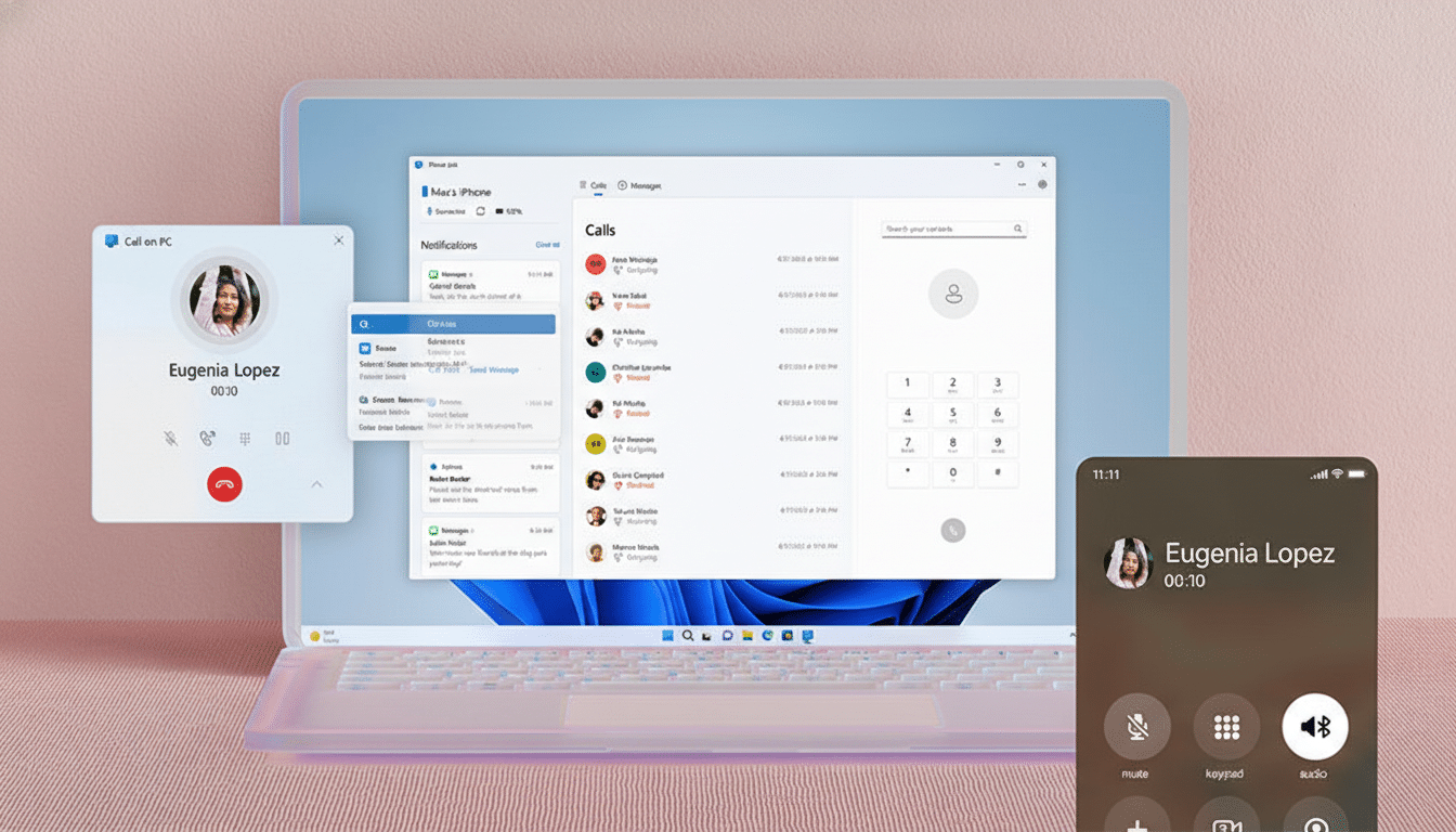 A laptop displaying the Phone Link app with call and message notifications, alongside a smaller Call on PC window showing an incoming call from Eugenia Lopez, and a smartphone screen mirroring the call interface.