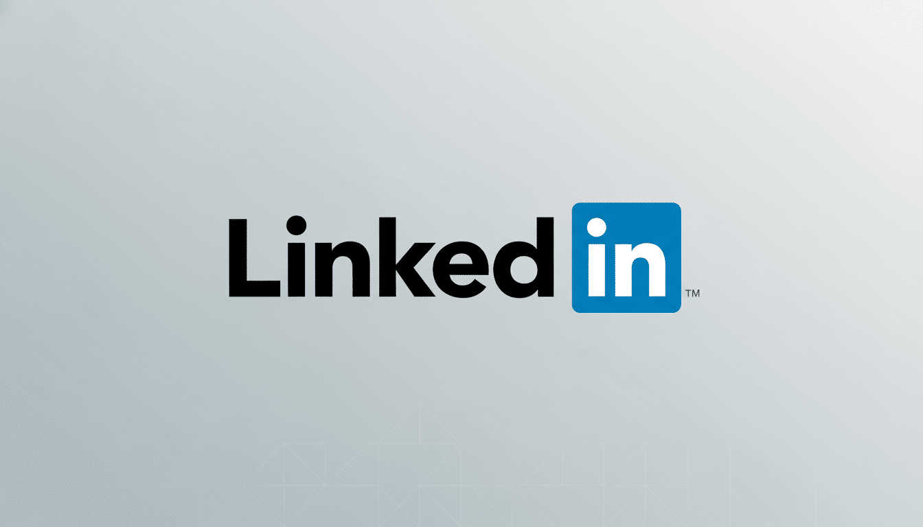 The LinkedIn logo, featuring the word Linked in black and in in white within a blue square, centered on a professional light gray background with subtle geometric patterns.