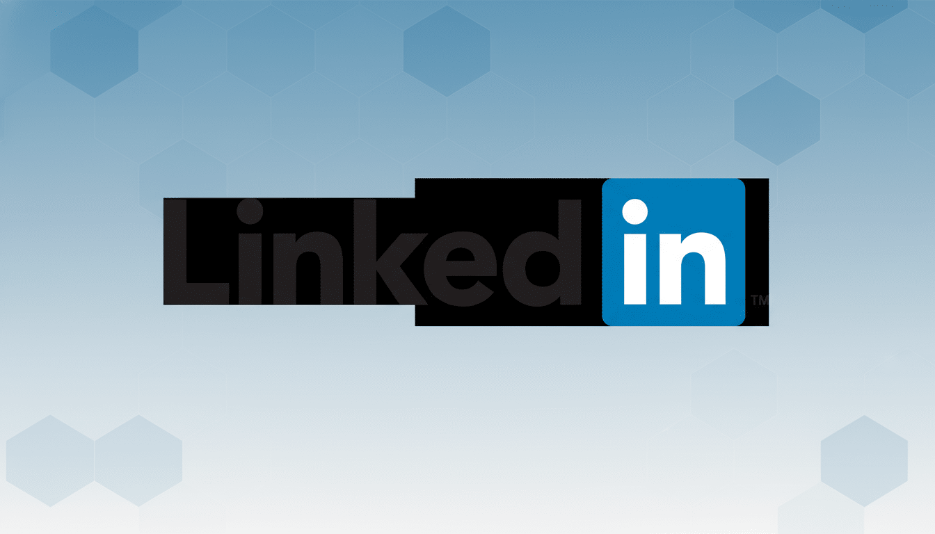 The LinkedIn logo, featuring the word Linked in black and in in white within a blue square, centered on a professional blue gradient background with subtle hexagonal patterns.