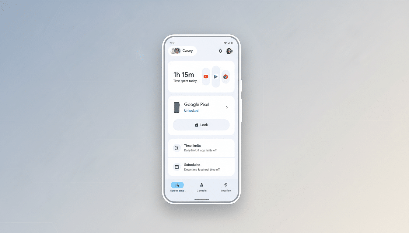 A Google Pixel phone displaying a Screen time interface, showing 1h 15m Time spent today and options for Lock, Time limits, and Schedules. The phone is centered on a professional flat design background with a soft blue-grey gradient.