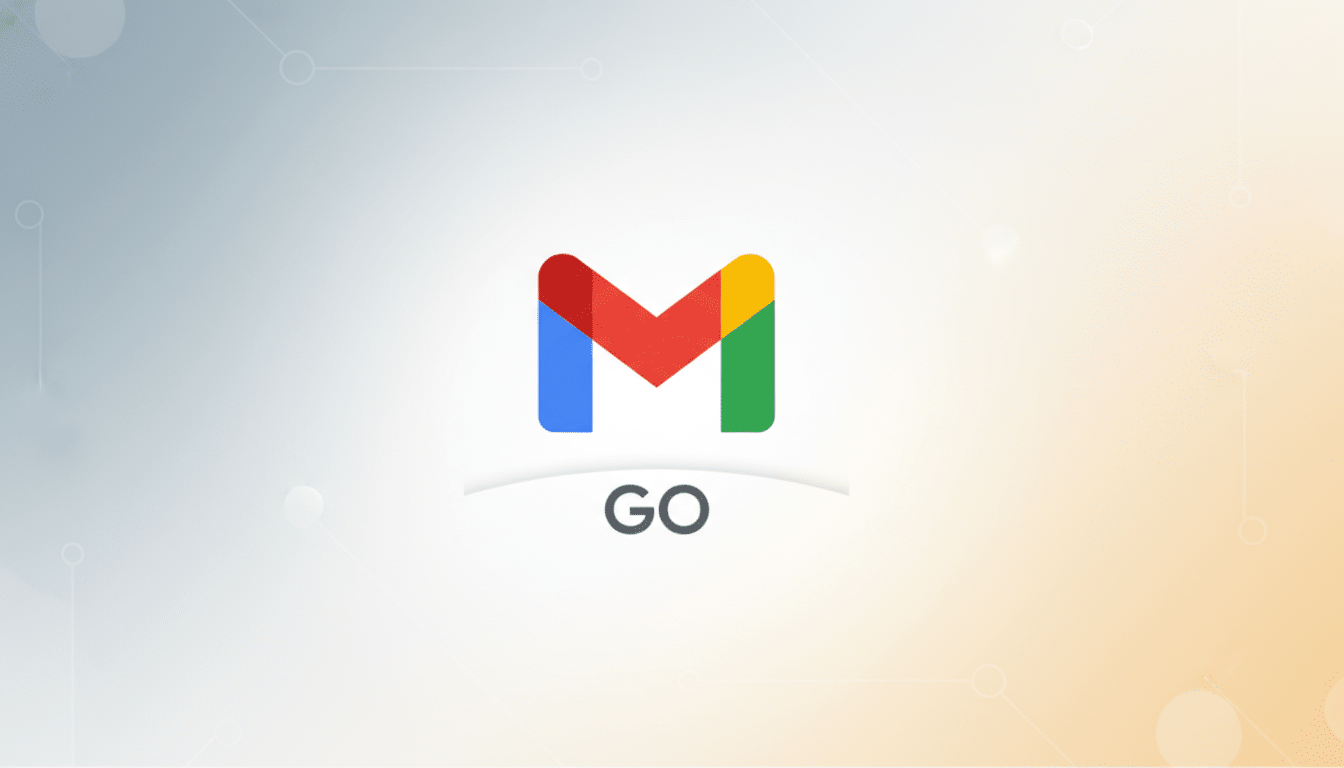 The Gmail Go logo, featuring a stylized M in Googles signature red, blue, green, and yellow colors, with the word GO in gray text below it, set against a professional flat design background with soft patterns and gradients.