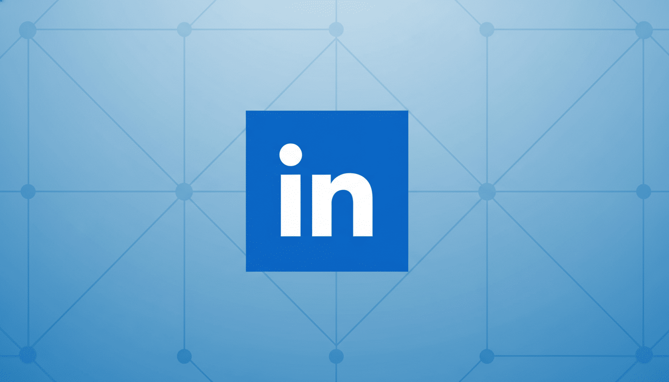 The LinkedIn in logo, a white lowercase in with a dot above it, centered on a blue square, set against a professional light blue gradient background with a subtle geometric pattern.