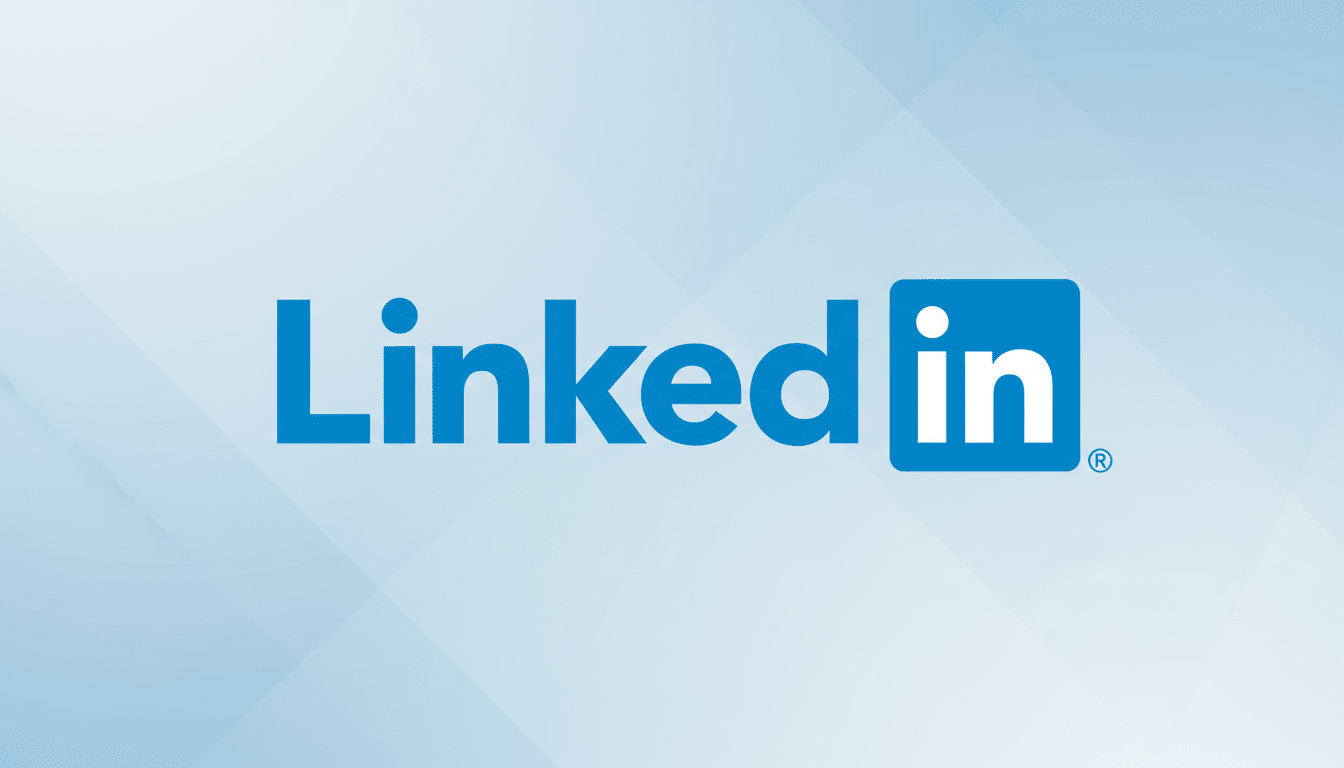 The LinkedIn logo, featuring the word LinkedIn in blue with in enclosed in a blue square, set against a light blue background with subtle geometric patterns.