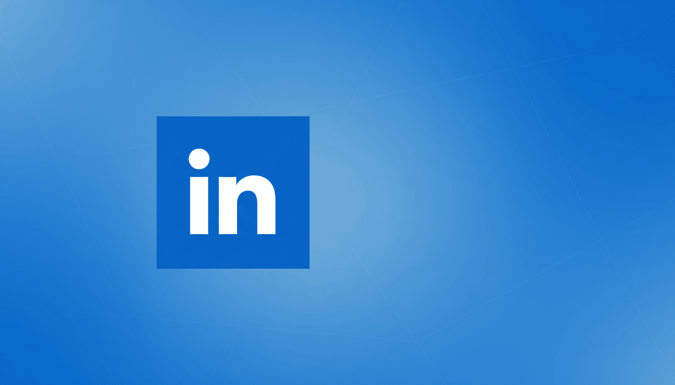 The LinkedIn in logo, a white lowercase in with a dot above it, centered on a blue square, set against a professional 16:9 aspect ratio background with a soft blue gradient and subtle geometric patterns.