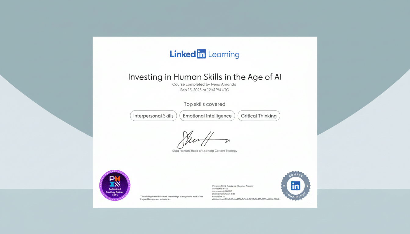 A LinkedIn Learning certificate for Investing in Human Skills in the Age of AI completed by Ivena Amanda, resized to a 16:9 aspect ratio with a professional flat design background.