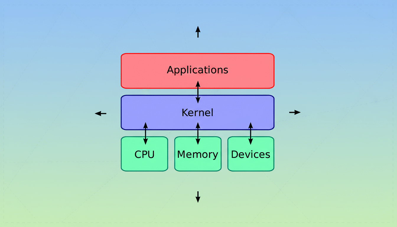 A diagram illustrating the relationship between applications, the kernel, and hardware components (CPU, Memory, Devices).