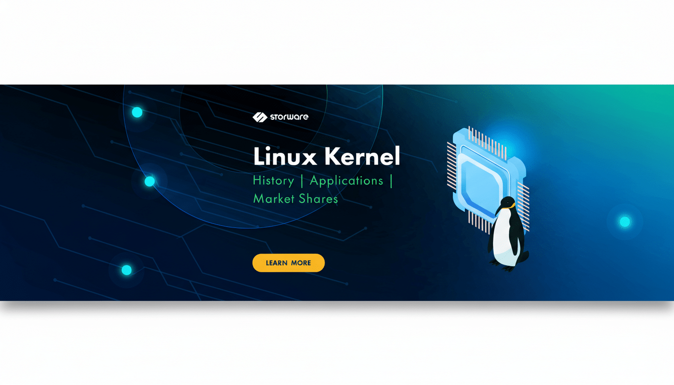 A professional banner for Linux Kernel with a 16:9 aspect ratio, featuring the Storware logo, a stylized CPU, and Tux the penguin. The background is a clean, professional flat design with soft gradients and circuit board patterns.