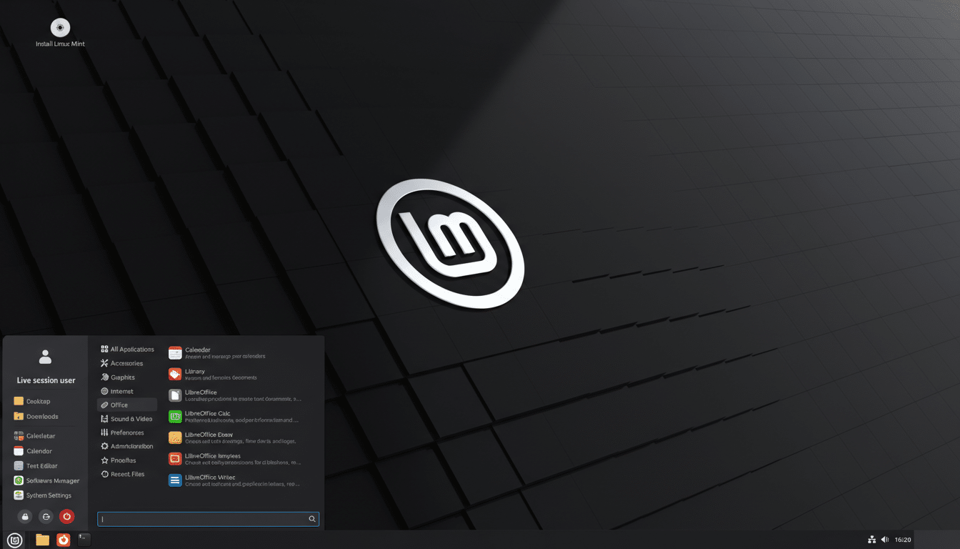 A screenshot of the Linux Mint desktop with the start menu open, showing various applications and system settings.