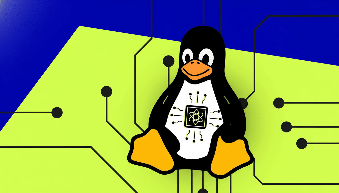 A 16:9 aspect ratio image of Tux, the Linux penguin, with a circuit board design on its belly featuring an atom symbol. The background is a professional flat design with a blue and lime green gradient, and black circuit lines.