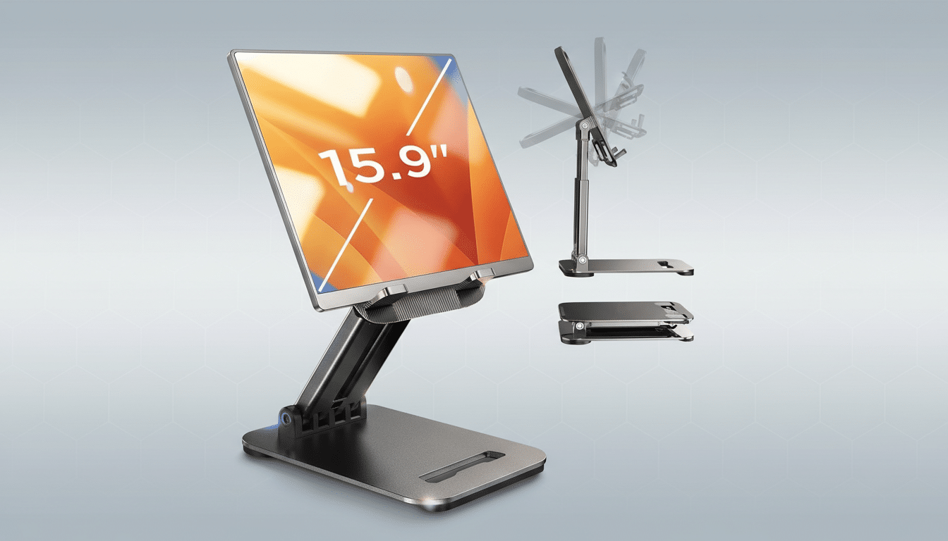 A tablet stand holding a tablet displaying 15.9 on its screen, with additional views of the stands adjustable features and folded form on a professional flat design background.